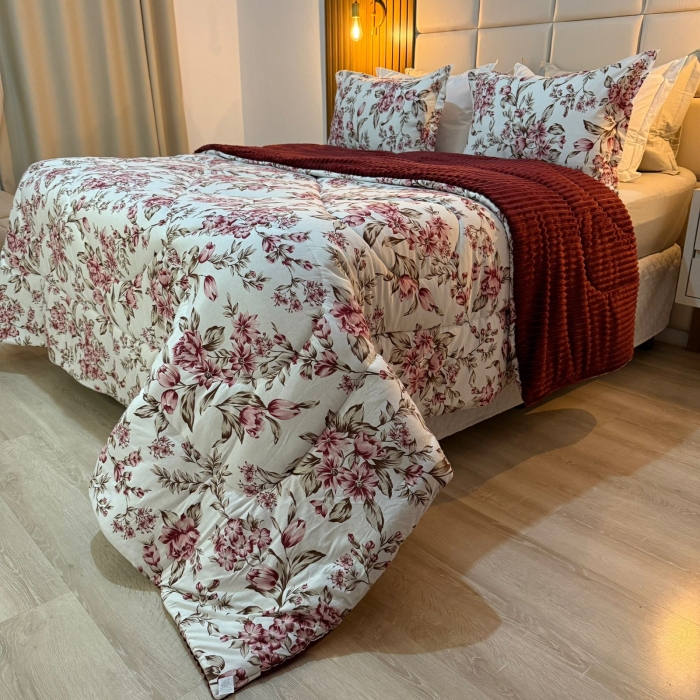 Coberdrom Queen Florata Bordo Dupla Face Malha Com Plush Inverno