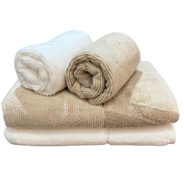 Kit Toalhas De Banho e Toalhas Rosto Macia Branca e Bege Performance Zero Twist