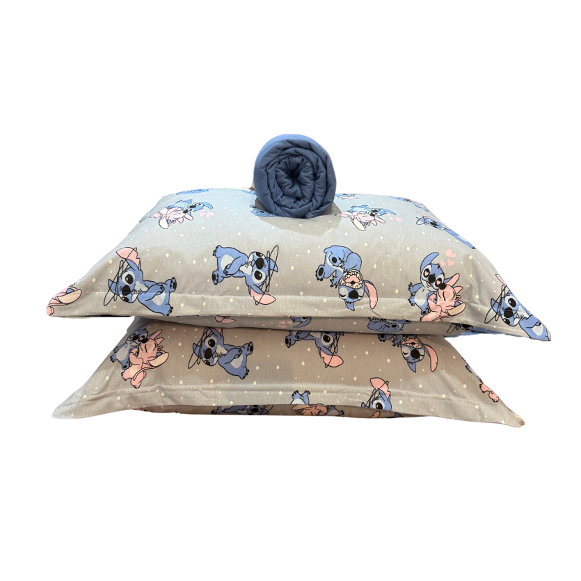 Jogo de Lençol Solteiro Stitch Azul 2 peças Malha fio 30/1 penteado