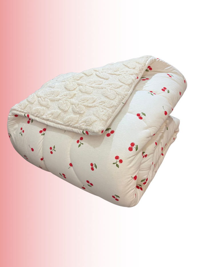 Kit Coberdrom Casal Cerejas Dupla Face Malha Com Plush Inverno - Imagem 3
