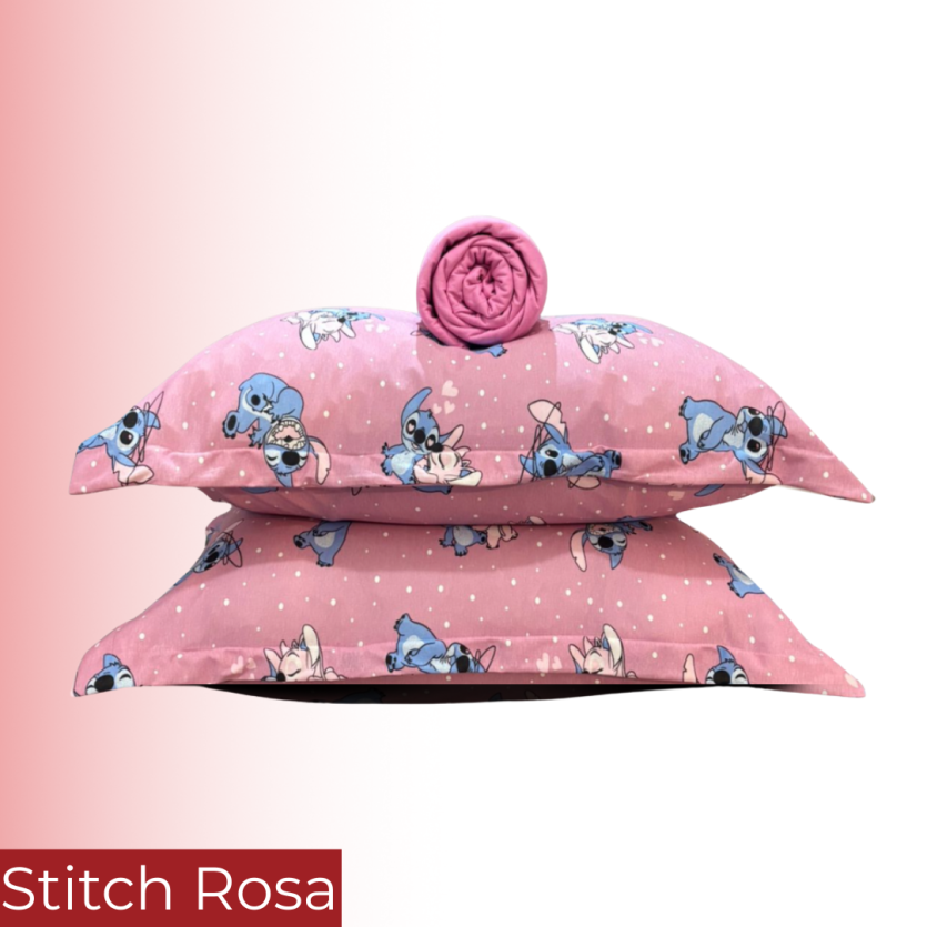 Jogo de Lençol Solteiro Stitch Rosa 2 peças Malha fio 30/1 penteado