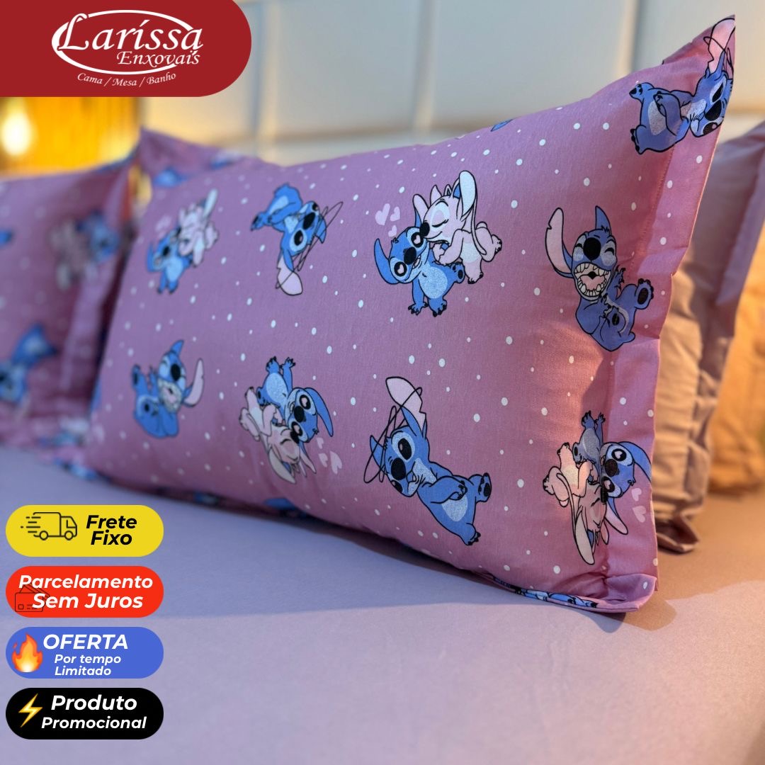 Jogo de Lençol Solteiro Stitch Rosa 2 peças Malha fio 30/1 penteado - Imagem 2
