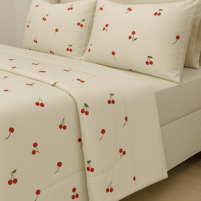 Kit Cobreleito de Verão Queen 6 peças Malha 100% algodão – Coleção Cerejas