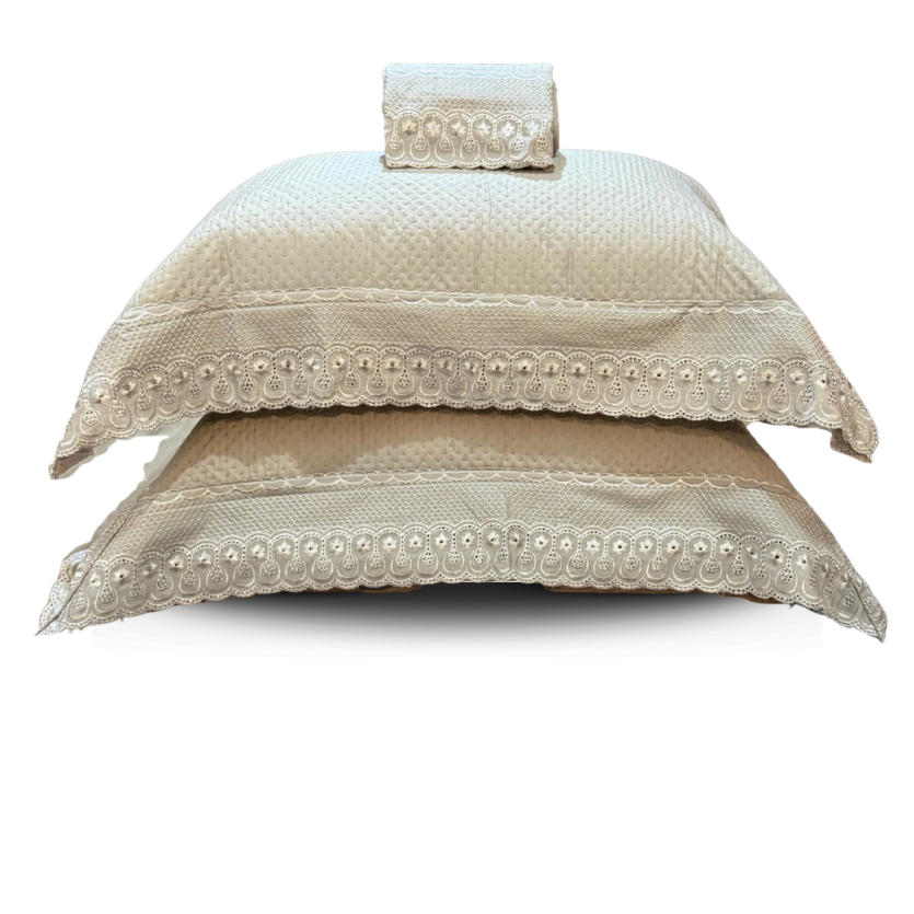 Par Porta Travesseiro Bordado Inglês Areia Toque Acetinado