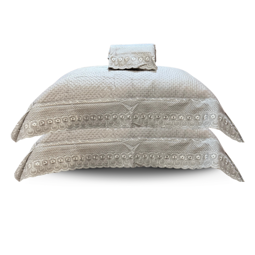 Par Porta Travesseiro Bordado Inglês Cinza Toque Acetinado