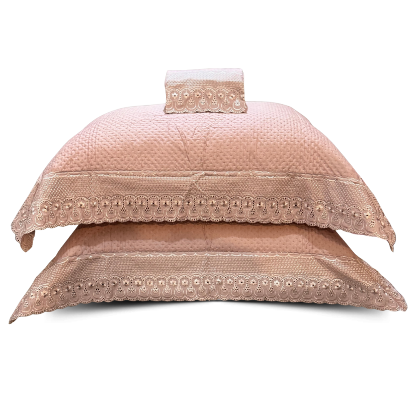 Par Porta Travesseiro Bordado Inglês Rosê Toque Acetinado