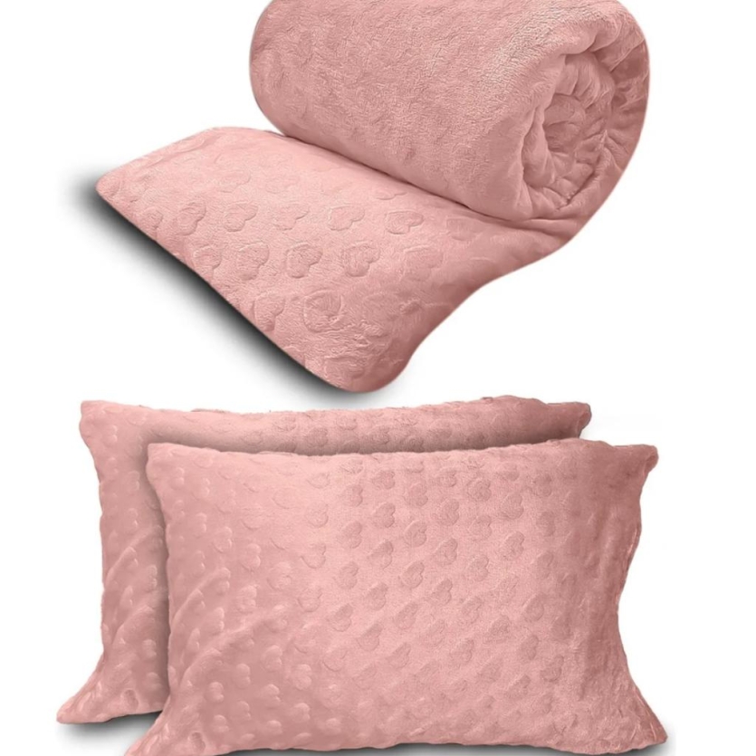 Kit Manta Plush Corações Rosê Casal 2,20x2,40