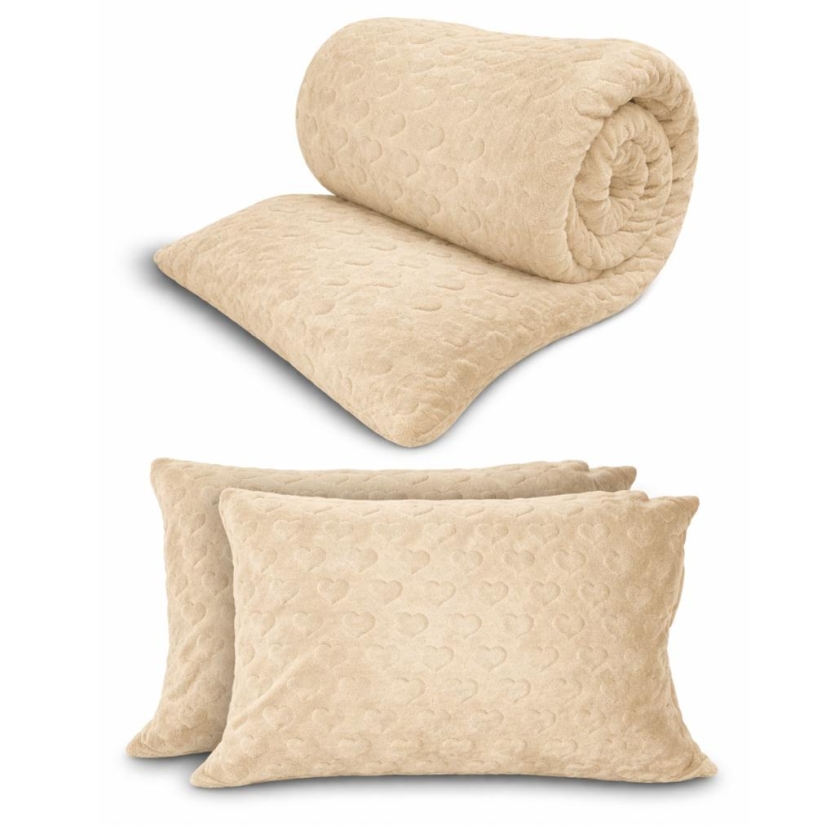 Kit Manta Plush Corações Bege Casal 2,20x2,40