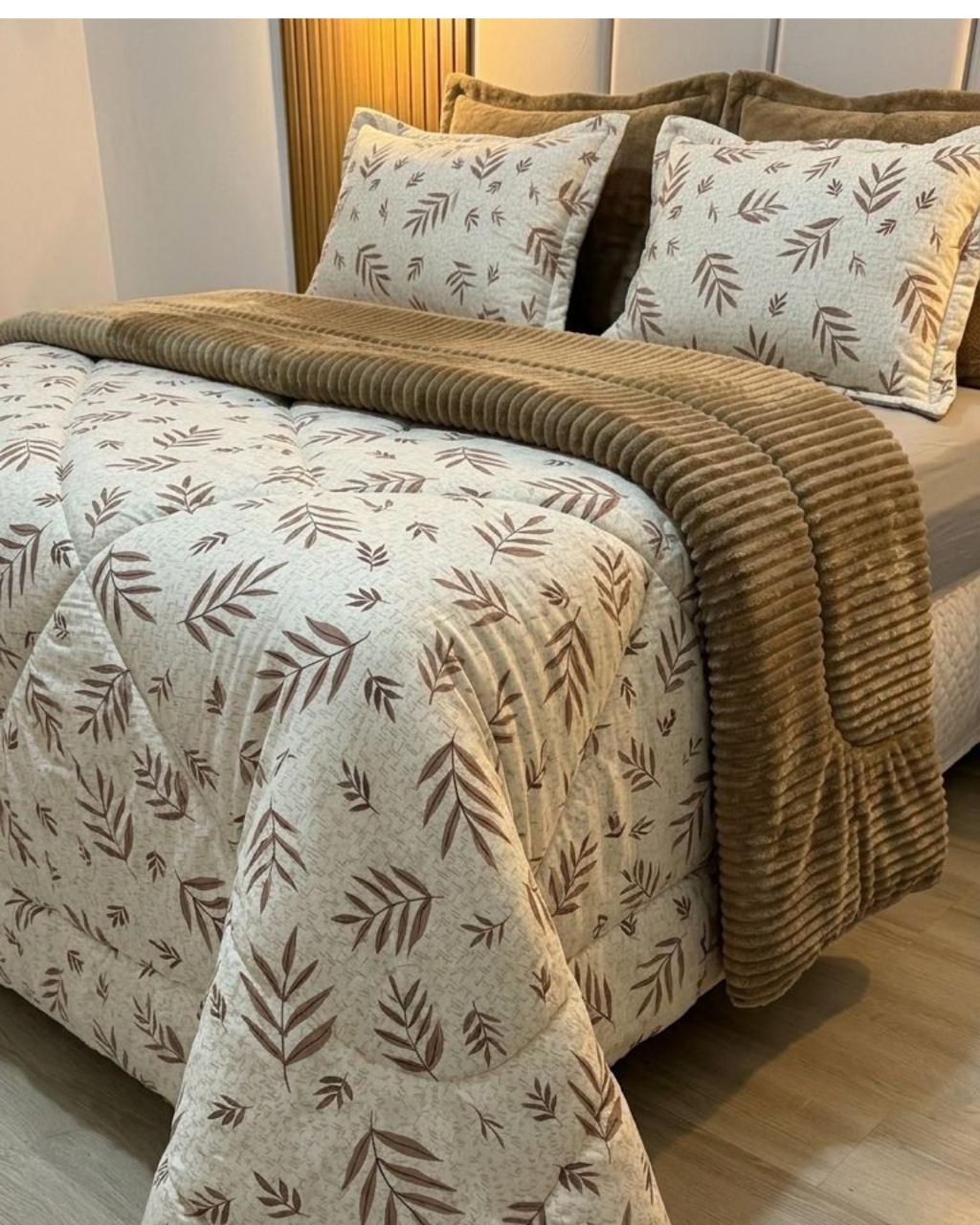 Kit Coberdrom Malha com Plush Folhas Queen 2,40x2,60