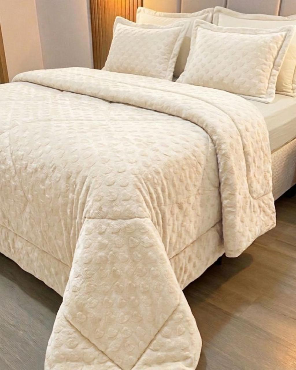 Kit Coberdrom Plush Off White Corações Queen 2,40x2,60 - Imagem 2