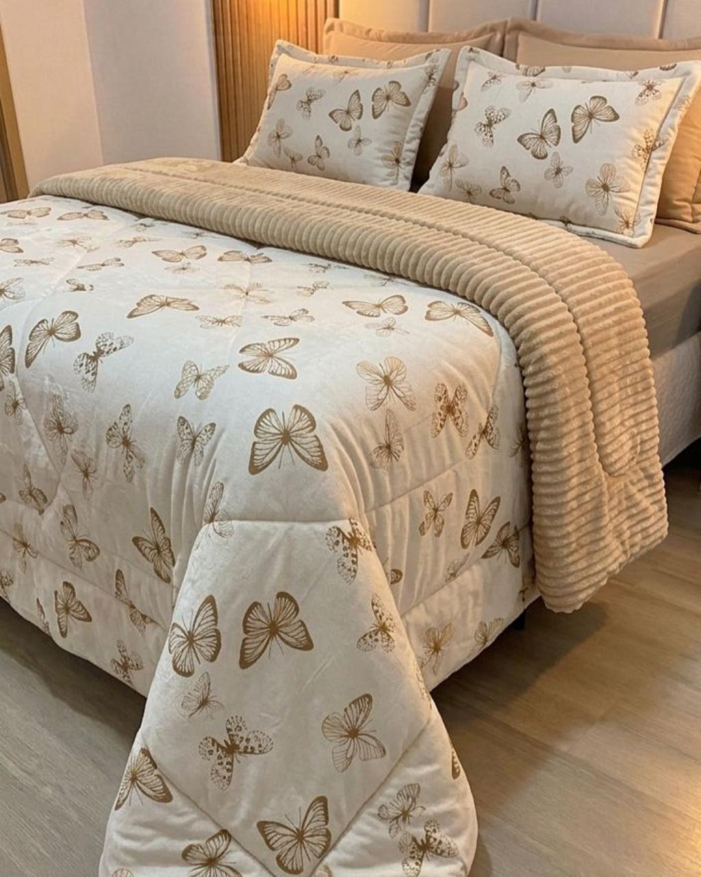 Kit Coberdrom Malha com Plush Borboletas Queen 2,40x2,60