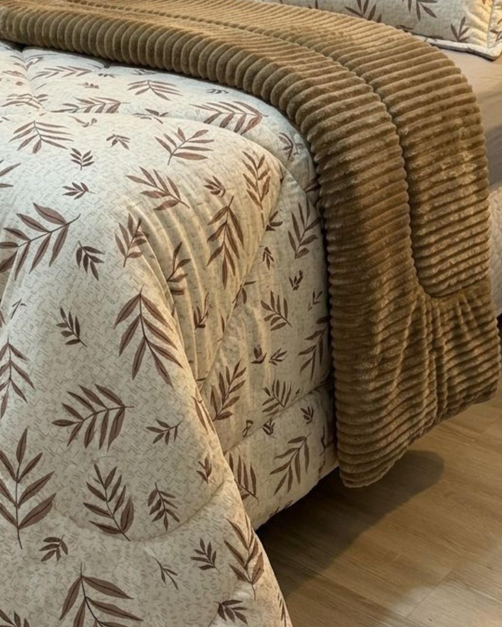 Kit Coberdrom Malha com Plush Folhas Queen 2,40x2,60 - Imagem 4
