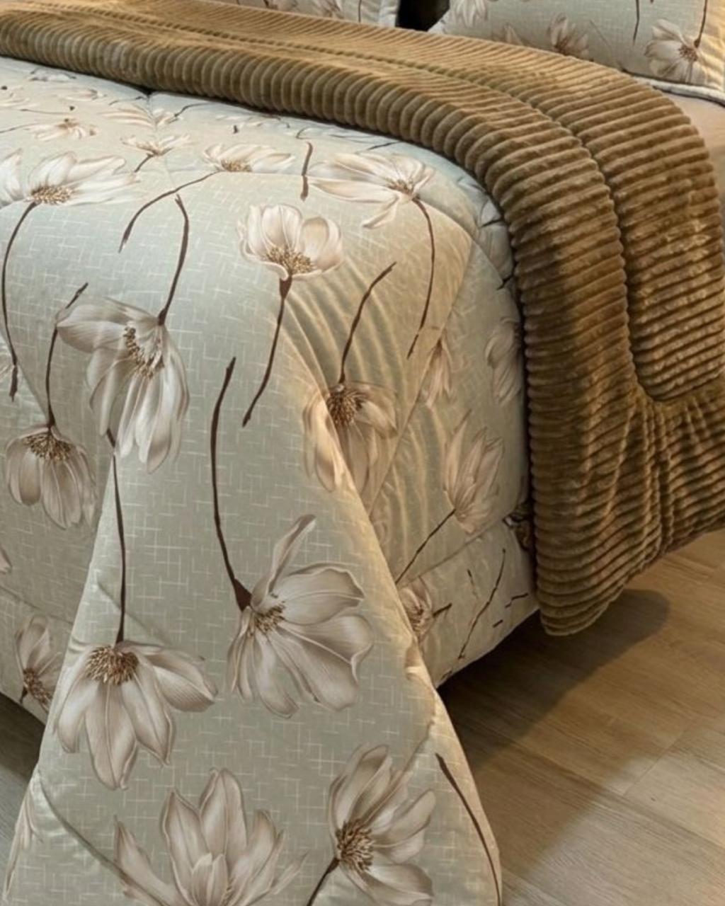 Kit Coberdrom Malha com Plush Flor Bege Queen 2,40x2,60 - Imagem 4