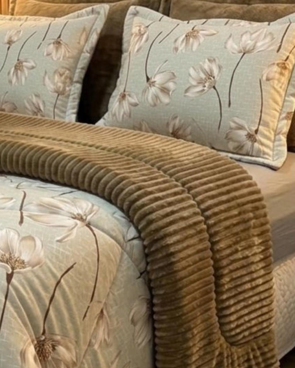 Kit Coberdrom Malha com Plush Flor Bege Queen 2,40x2,60 - Imagem 5