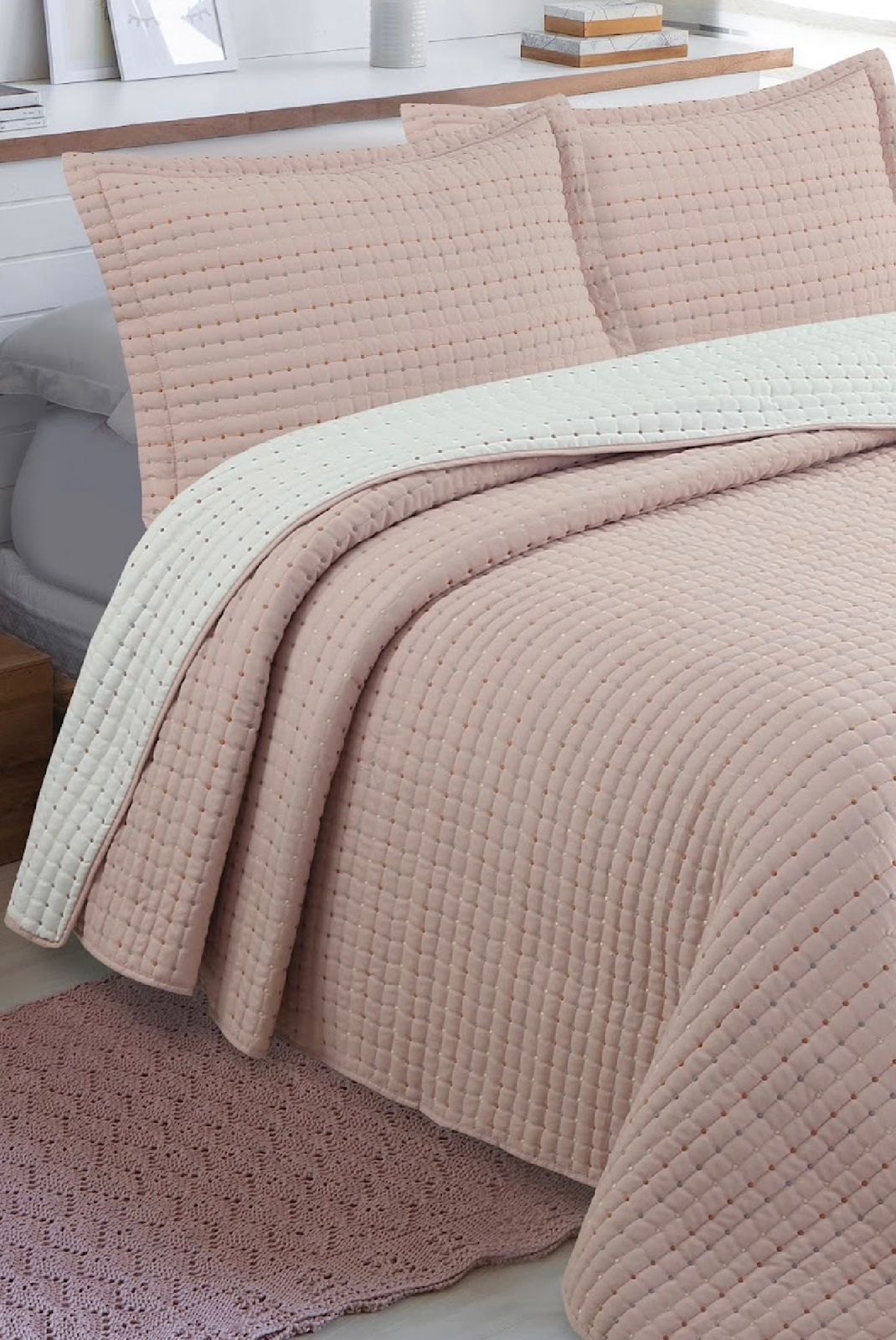 Kit Colcha Artigiana Rose/Branco Jolitex Queen 2,40x,2,60 - Imagem 3