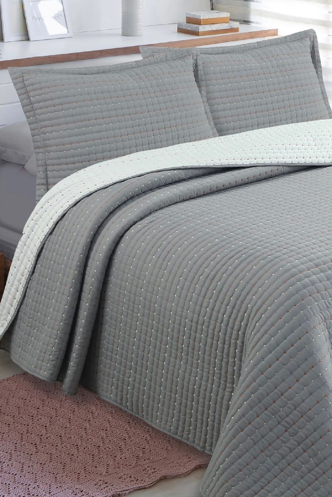 Kit Colcha Artigiana Cinza/Branco Jolitex Queen 2,40x,2,60 - Imagem 3